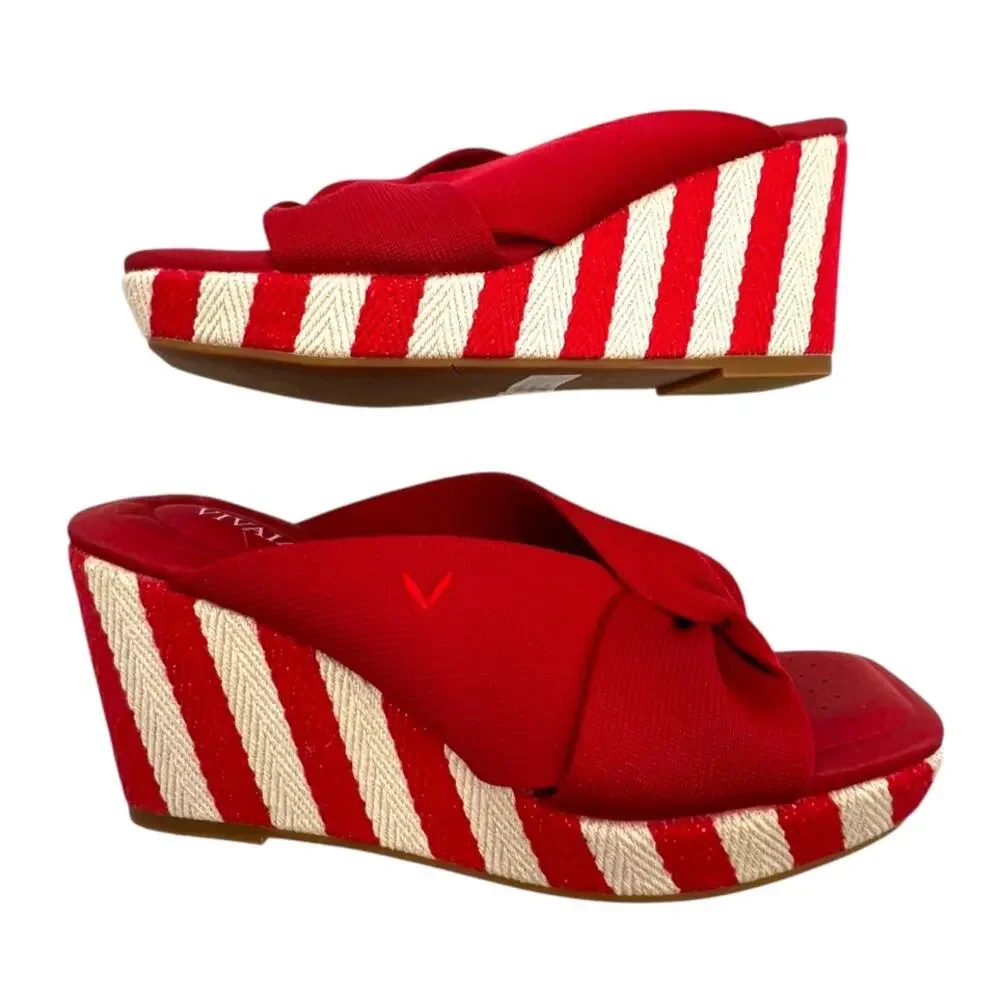 Vivaia Laura square-toe wedge sandals in ruby red striped platform sz 35
